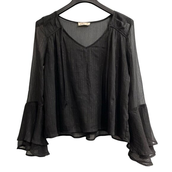 Hollister Top Womens M Black Sheer Metallic Threads Bell Sleeve Whimsigoth Witch - Picture 1 of 7